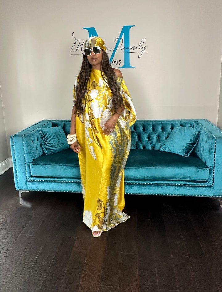 Vacation Vibes Kaftan Maxi Dress with Matching Scarf -  Gold Bronze Silver Cream Ships 6/19