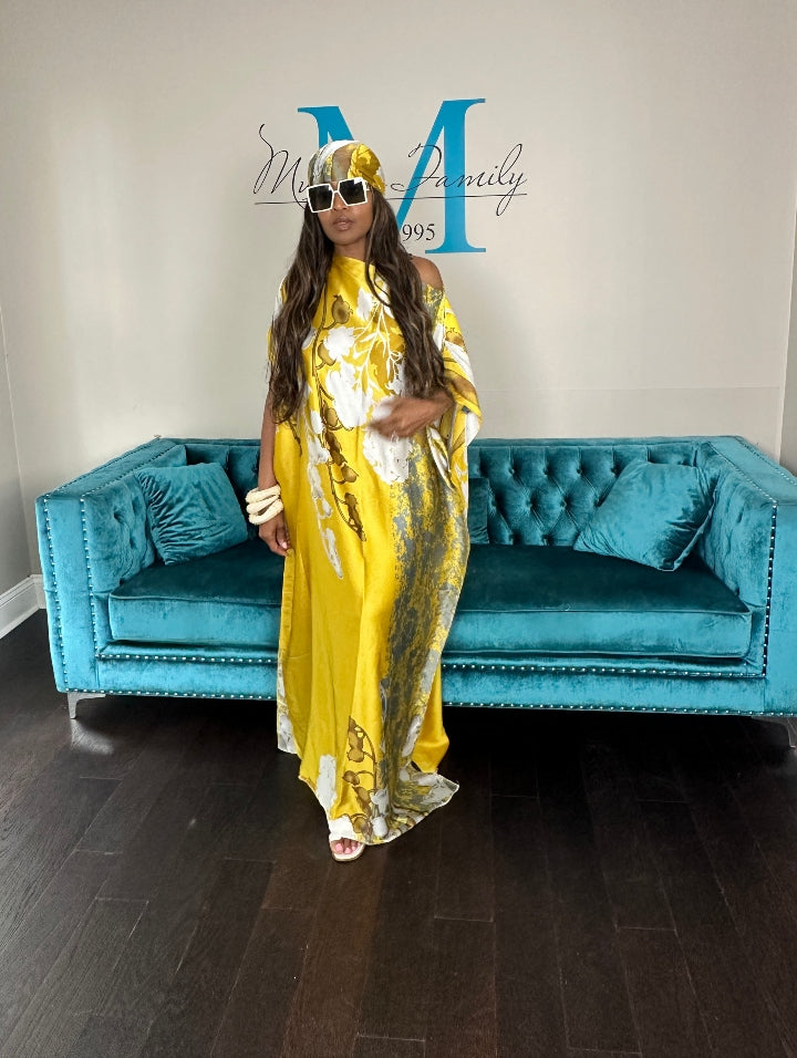 Vacation Vibes Kaftan Maxi Dress with Matching Scarf -  Gold Bronze Silver Cream Ships 6/19
