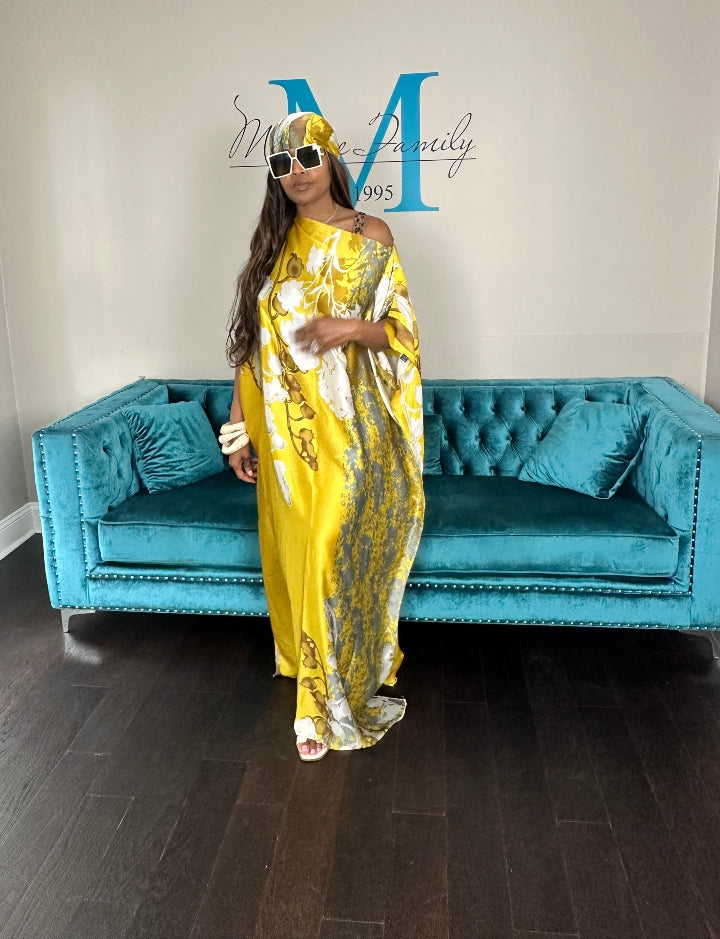 Vacation Vibes Kaftan Maxi Dress with Matching Scarf -  Gold Bronze Silver Cream Ships 6/19