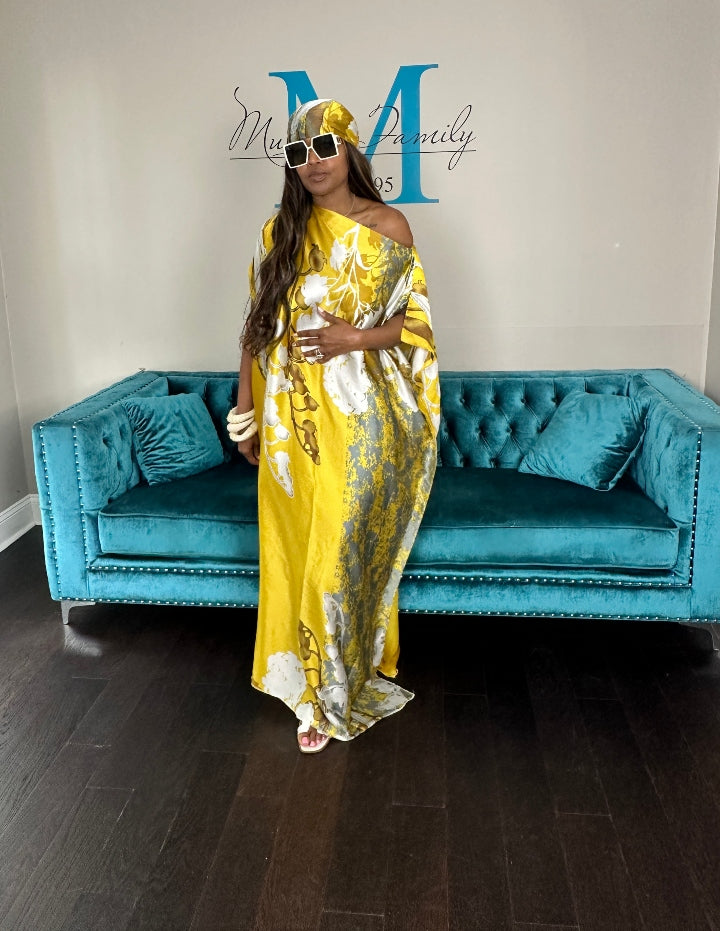 Vacation Vibes Kaftan Maxi Dress with Matching Scarf -  Gold Bronze Silver Cream Ships 6/19