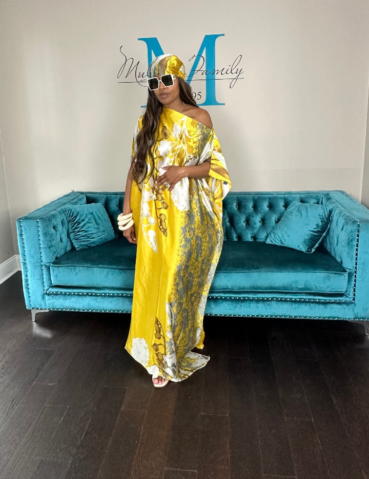 Vacation Vibes Kaftan Maxi Dress with Matching Scarf -  Gold Bronze Silver Cream Ships 6/19