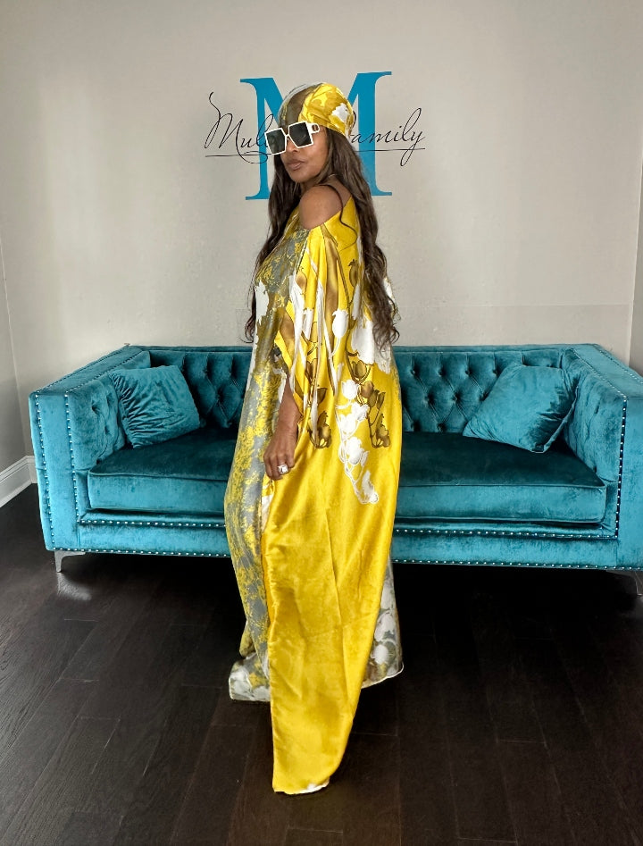 Vacation Vibes Kaftan Maxi Dress with Matching Scarf -  Gold Bronze Silver Cream Ships 6/19