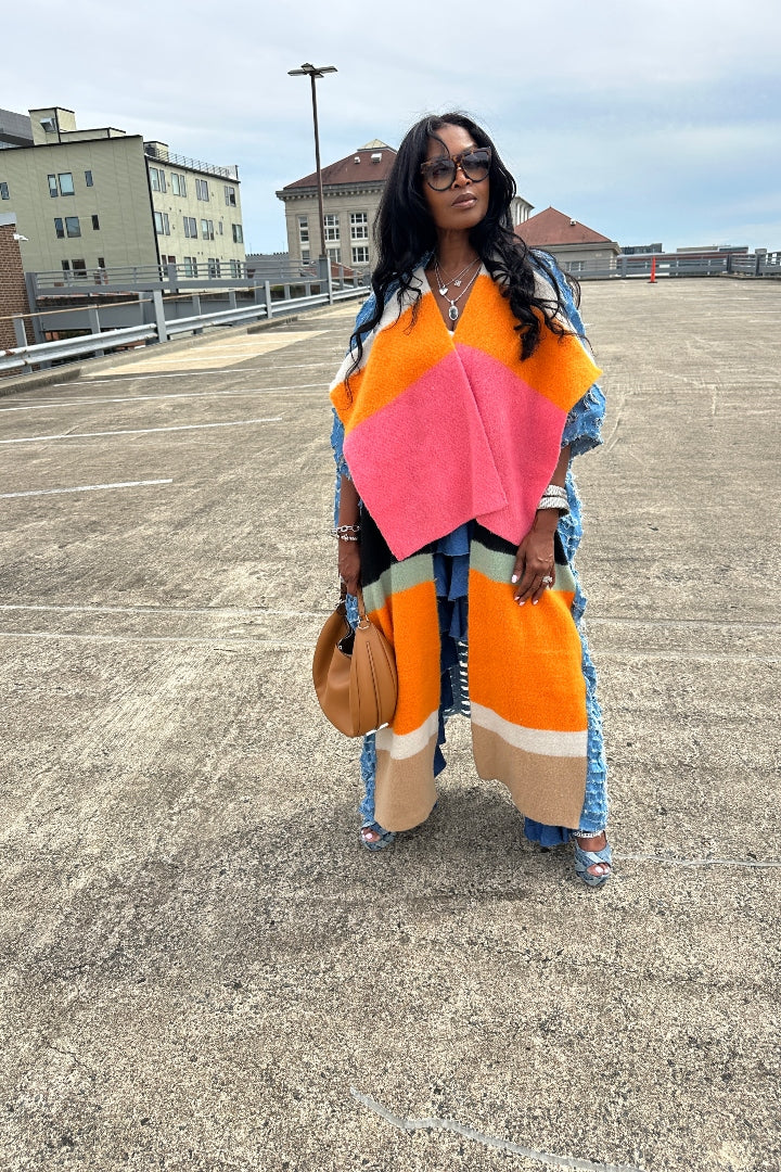 Colorful Front Blue Denim Distressed Open Front Long Cardigan -Orange Fuchsia Tan Front Ships 9/24