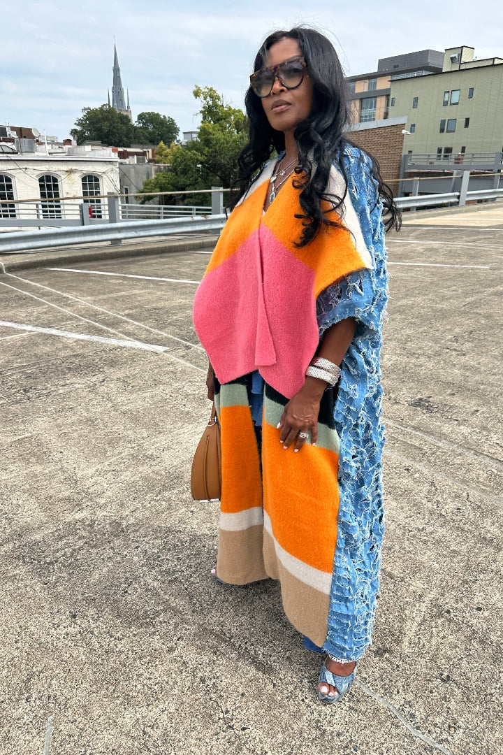 Colorful Front Blue Denim Distressed Open Front Long Cardigan -Orange Fuchsia Tan Front Ships 9/24