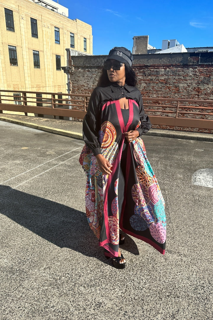RESTOCKED Remix Shirt and Open Front Satin Kimono  - Black and Wine Blend
