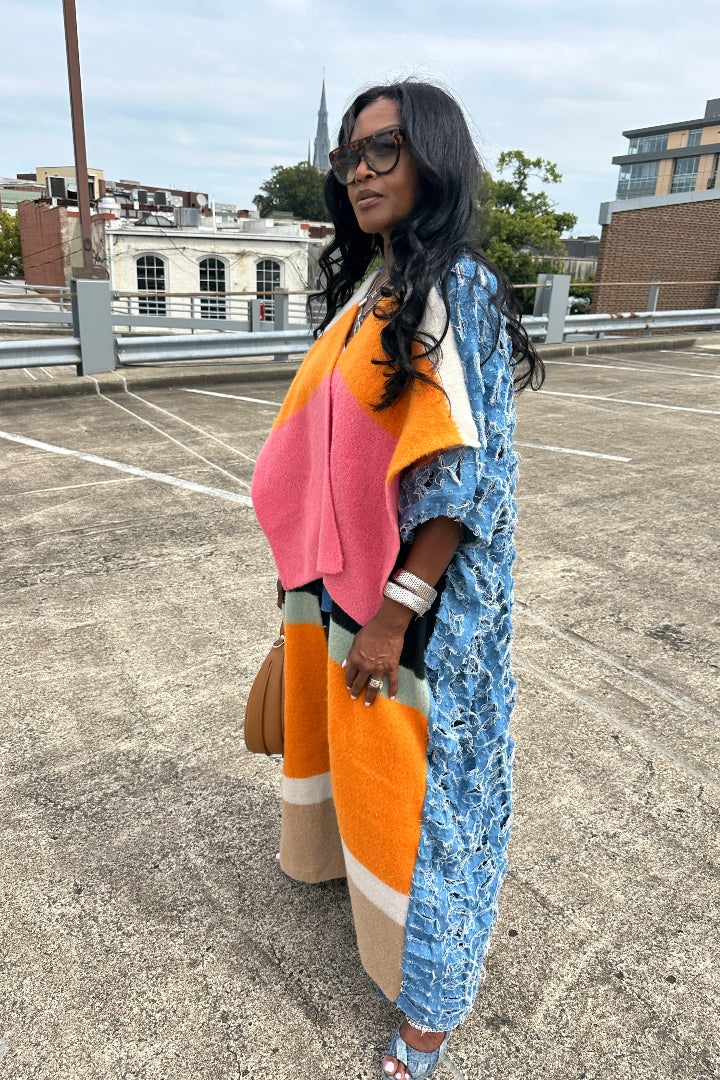 Colorful Front Blue Denim Distressed Open Front Long Cardigan -Orange Fuchsia Tan Front Ships 9/24
