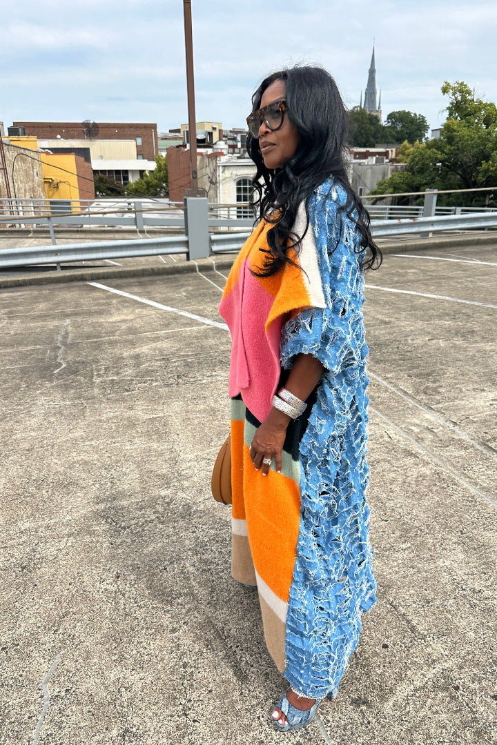 Colorful Front Blue Denim Distressed Open Front Long Cardigan -Orange Fuchsia Tan Front Ships 9/24