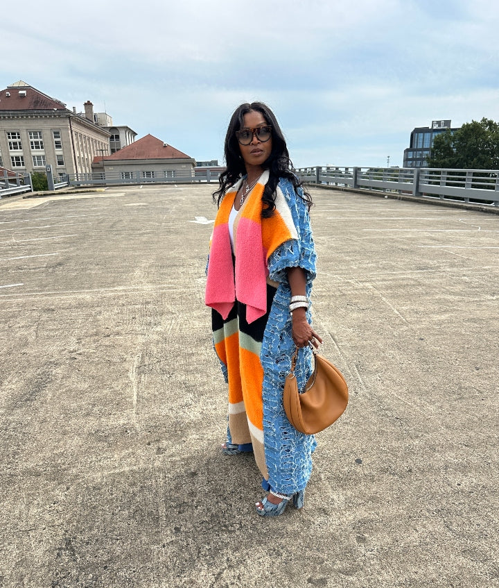 Colorful Front Blue Denim Distressed Open Front Long Cardigan -Orange Fuchsia Tan Front Ships 9/24