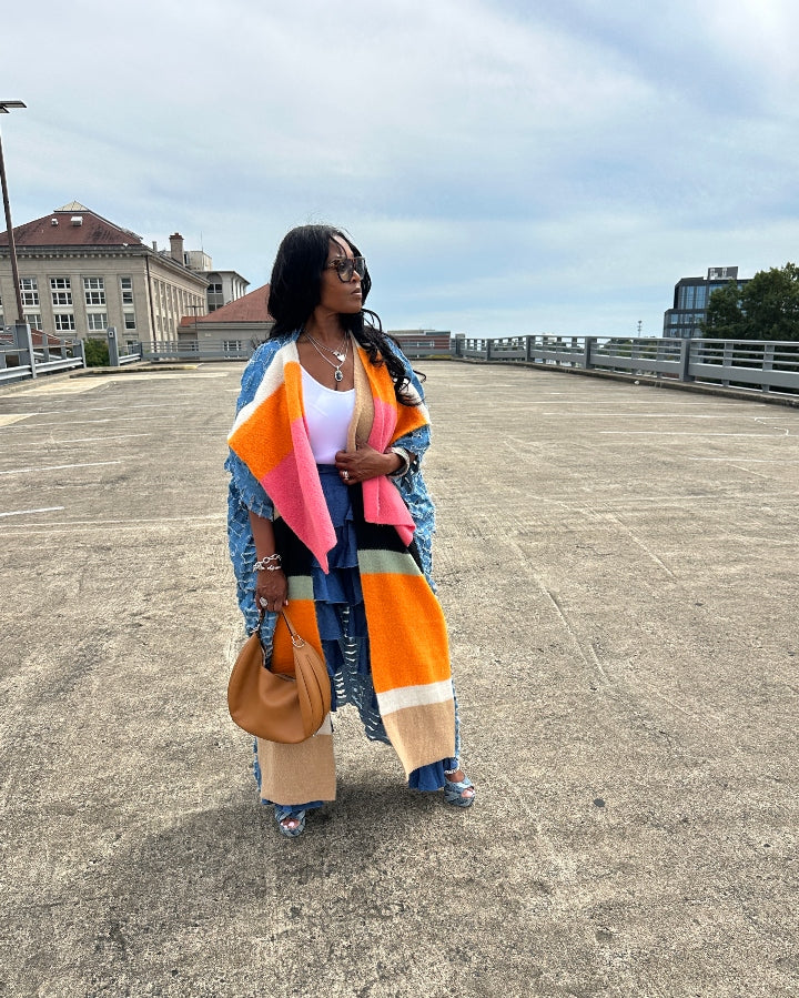 Colorful Front Blue Denim Distressed Open Front Long Cardigan -Orange Fuchsia Tan Front Ships 9/24