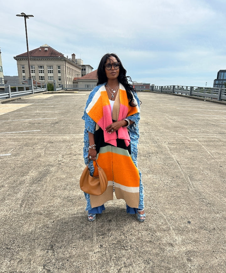 Colorful Front Blue Denim Distressed Open Front Long Cardigan -Orange Fuchsia Tan Front Ships 9/24