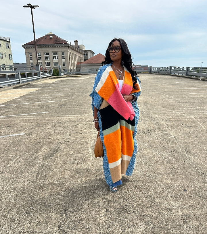 Colorful Front Blue Denim Distressed Open Front Long Cardigan -Orange Fuchsia Tan Front Ships 9/24