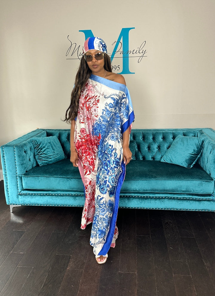 Vacation Vibes Kaftan Maxi Dress with Matching Scarf -  Red Blue White Ships 6/12
