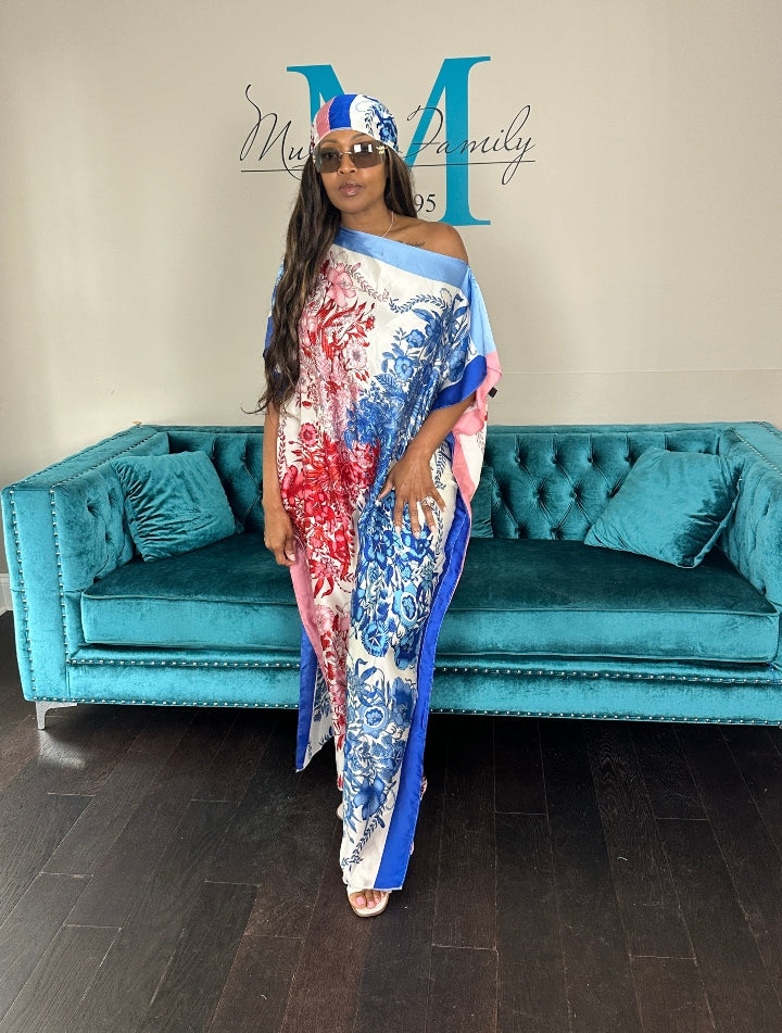 Vacation Vibes Kaftan Maxi Dress with Matching Scarf -  Red Blue White Ships 6/12