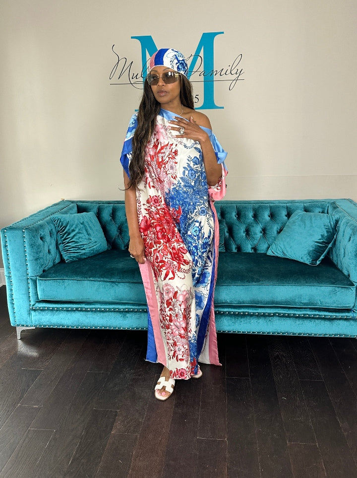 Vacation Vibes Kaftan Maxi Dress with Matching Scarf -  Red Blue White Ships 6/12
