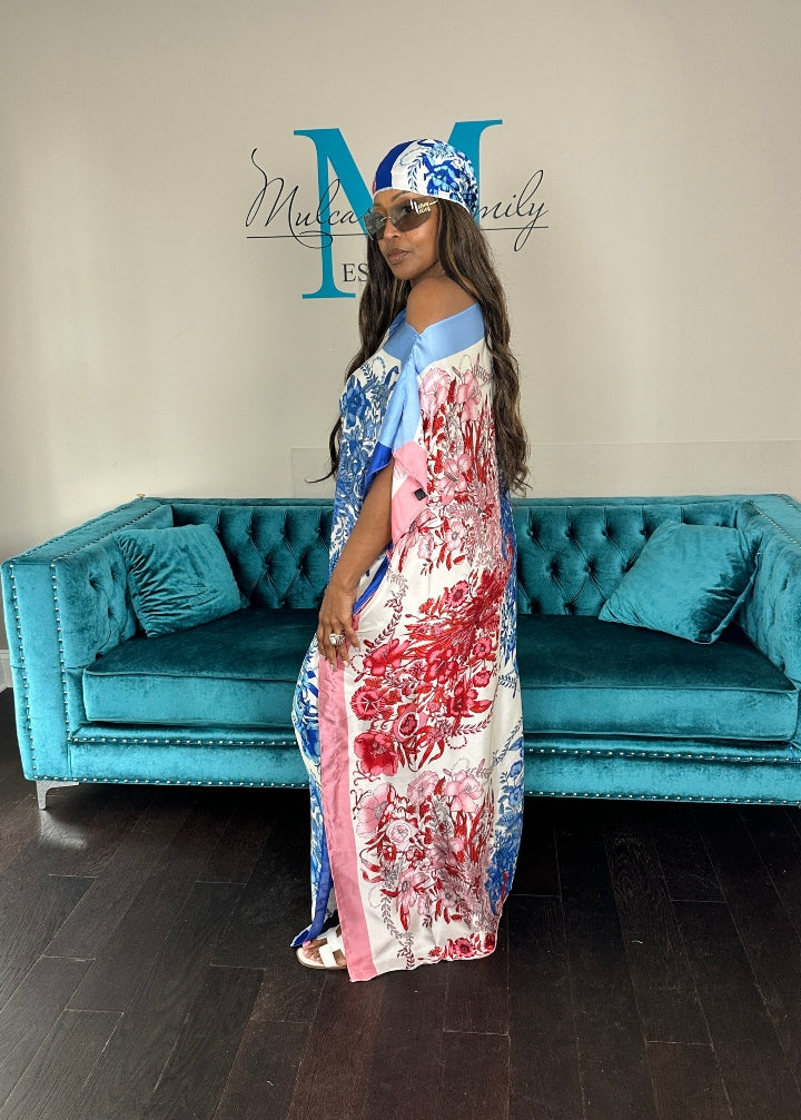 Vacation Vibes Kaftan Maxi Dress with Matching Scarf -  Red Blue White Ships 6/12