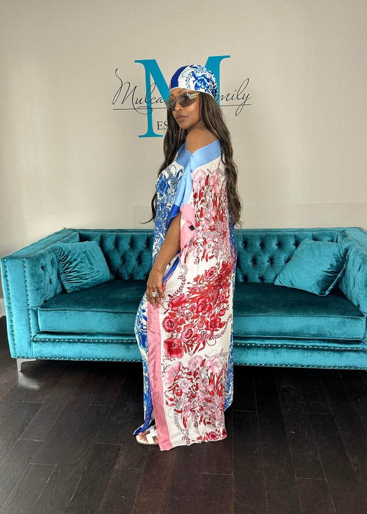 Vacation Vibes Kaftan Maxi Dress with Matching Scarf -  Red Blue White Ships 6/12