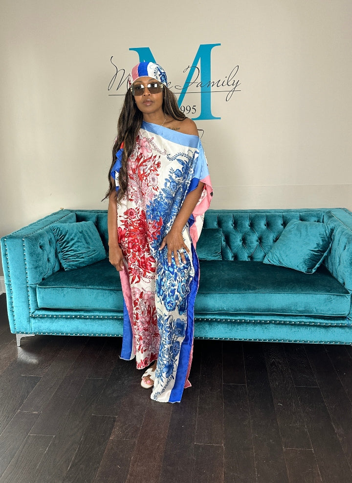 Vacation Vibes Kaftan Maxi Dress with Matching Scarf -  Red Blue White Ships 6/12