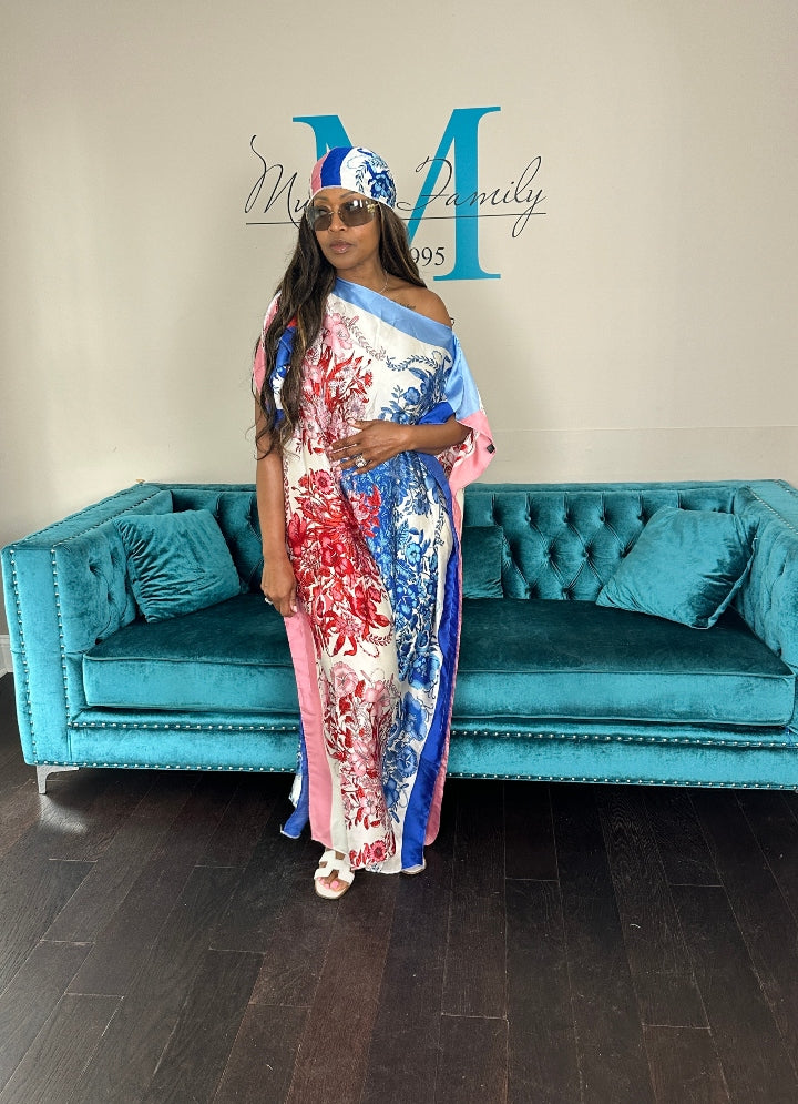 Vacation Vibes Kaftan Maxi Dress with Matching Scarf -  Red Blue White Ships 6/12