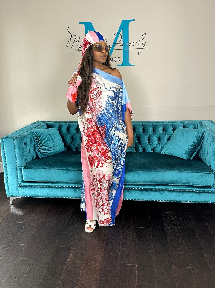 Vacation Vibes Kaftan Maxi Dress with Matching Scarf -  Red Blue White Ships 6/12