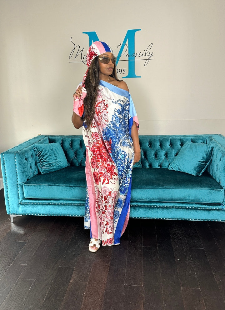 Vacation Vibes Kaftan Maxi Dress with Matching Scarf -  Red Blue White Ships 6/12
