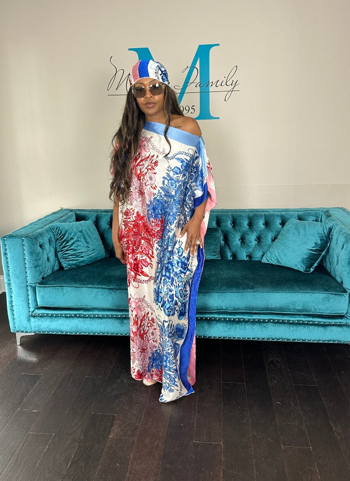 Vacation Vibes Kaftan Maxi Dress with Matching Scarf -  Red Blue White Ships 6/12