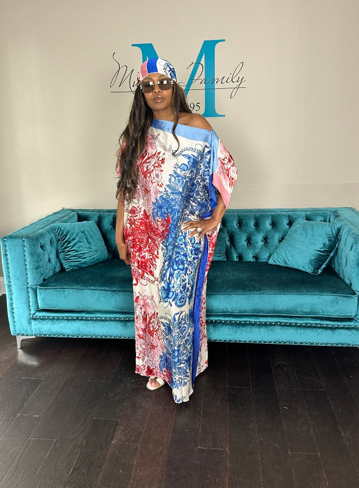 Vacation Vibes Kaftan Maxi Dress with Matching Scarf -  Red Blue White Ships 6/12