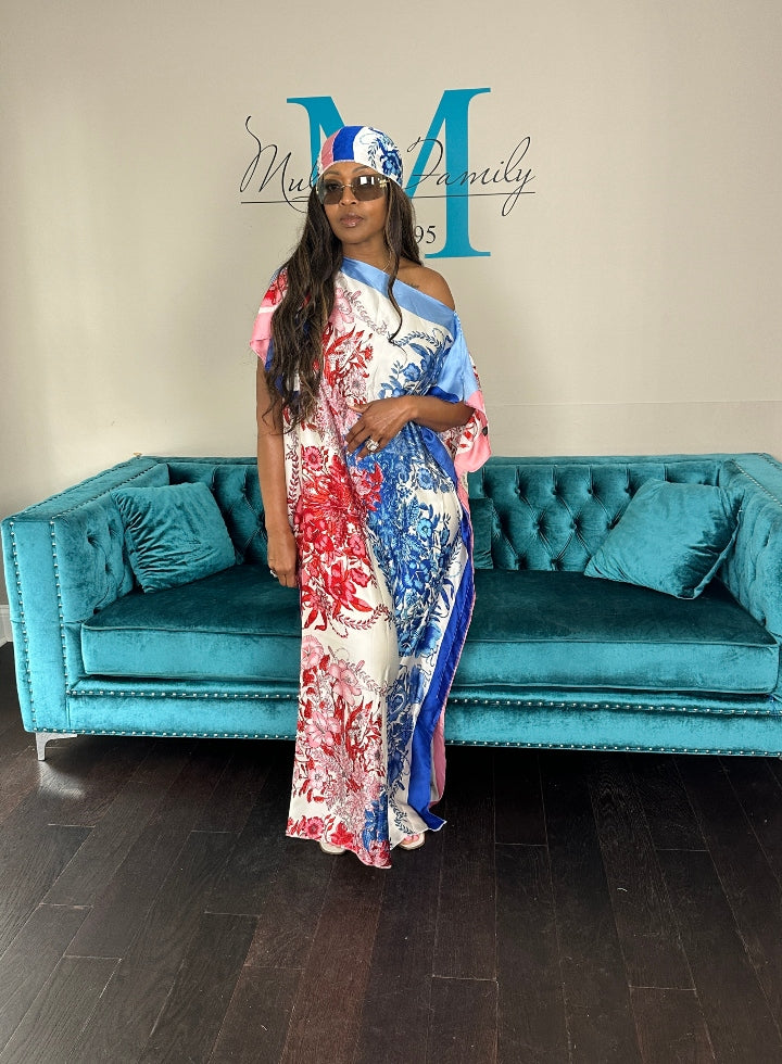 Vacation Vibes Kaftan Maxi Dress with Matching Scarf -  Red Blue White Ships 6/12