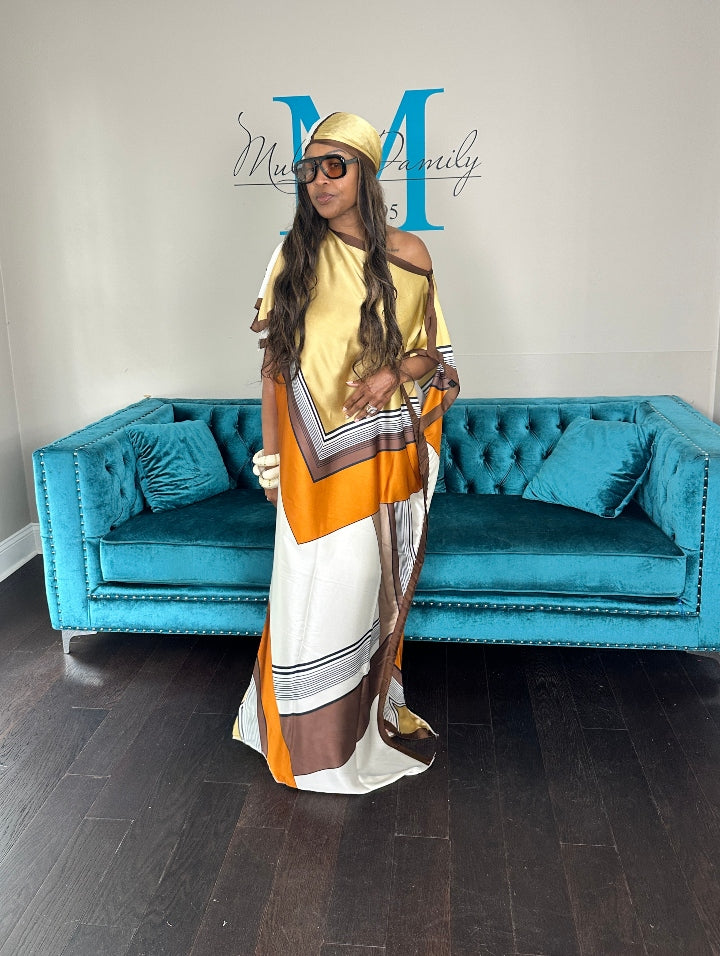 Vacation Vibes Kaftan Maxi Dress with Matching Scarf -  Tan Orange Brown Blend Ships 6/12