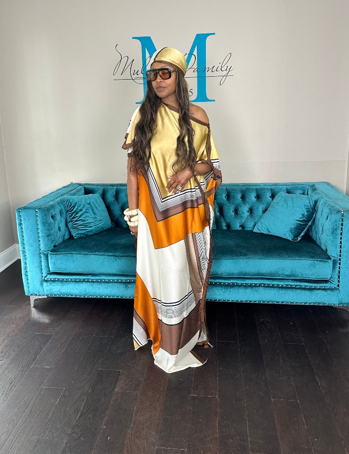 Vacation Vibes Kaftan Maxi Dress with Matching Scarf -  Tan Orange Brown Blend Ships 6/12