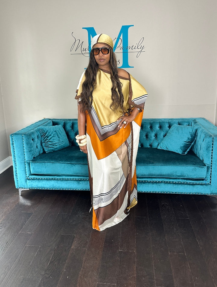 Vacation Vibes Kaftan Maxi Dress with Matching Scarf -  Tan Orange Brown Blend Ships 6/12
