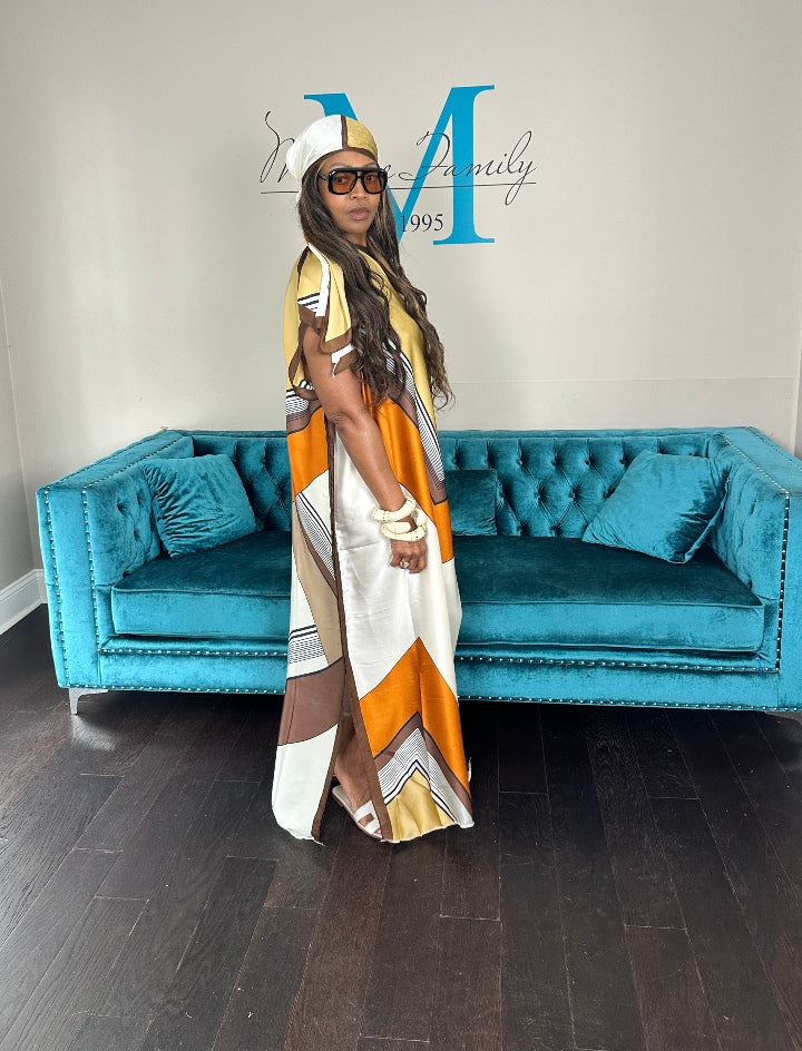 Vacation Vibes Kaftan Maxi Dress with Matching Scarf -  Tan Orange Brown Blend Ships 6/12