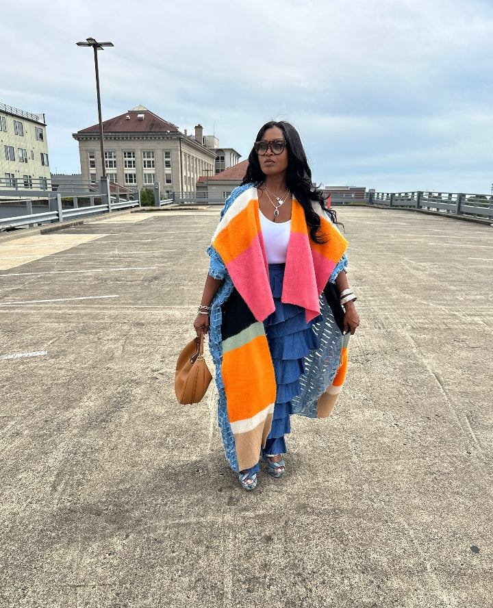 Colorful Front Blue Denim Distressed Open Front Long Cardigan -Orange Fuchsia Tan Front Ships 9/24