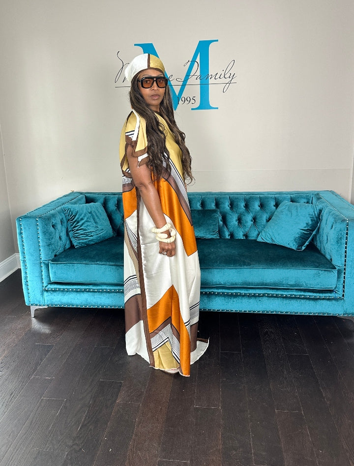 Vacation Vibes Kaftan Maxi Dress with Matching Scarf -  Tan Orange Brown Blend Ships 6/12