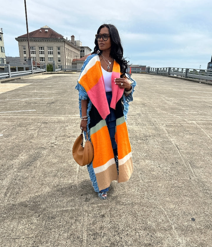 Colorful Front Blue Denim Distressed Open Front Long Cardigan -Orange Fuchsia Tan Front Ships 9/24