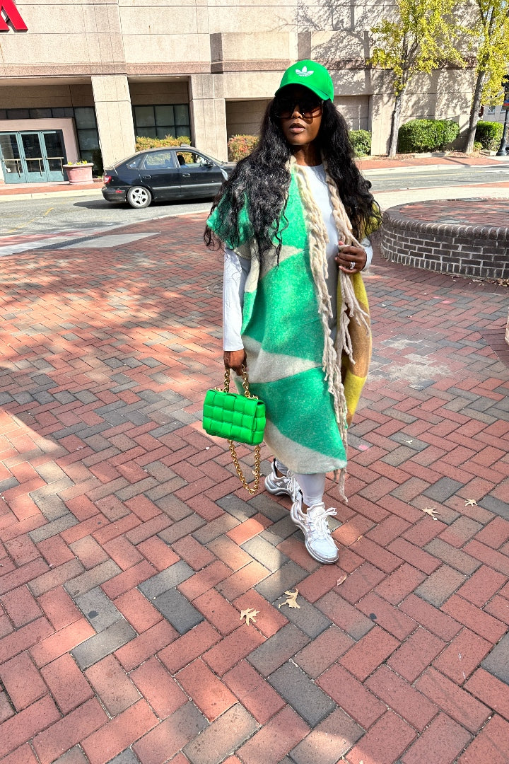 RESTOCKED Rich Auntie Mixed Print Winter Open Front Corded Kimono -Green Yellow and Tan Blend