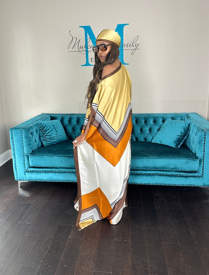 Vacation Vibes Kaftan Maxi Dress with Matching Scarf -  Tan Orange Brown Blend Ships 6/12
