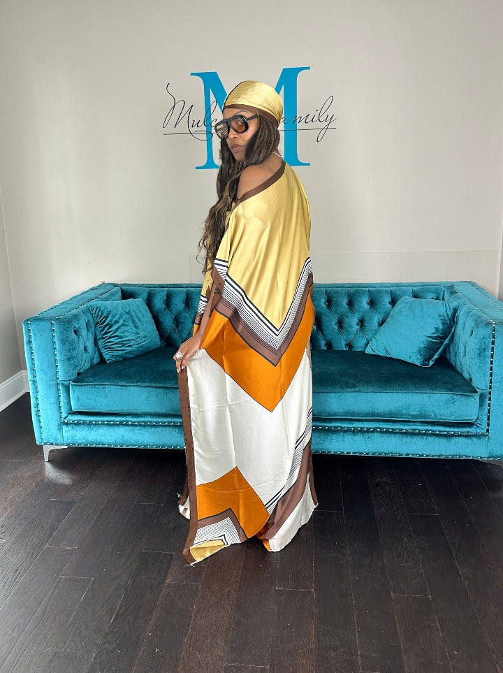 Vacation Vibes Kaftan Maxi Dress with Matching Scarf -  Tan Orange Brown Blend Ships 6/12