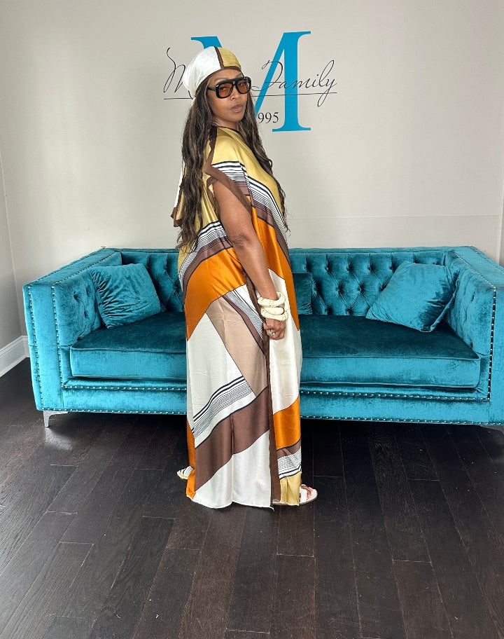 Vacation Vibes Kaftan Maxi Dress with Matching Scarf -  Tan Orange Brown Blend Ships 6/12