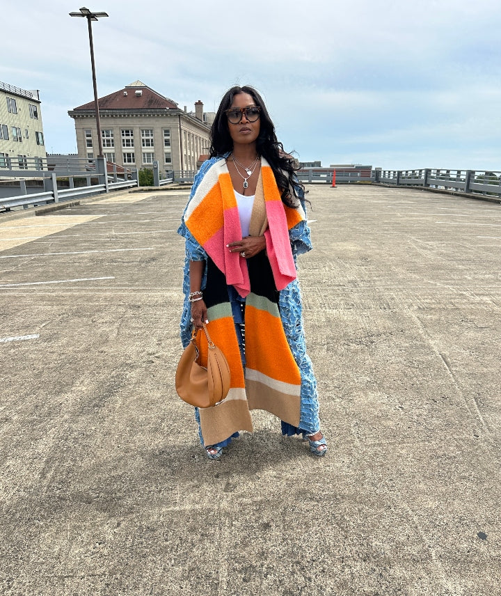 Colorful Front Blue Denim Distressed Open Front Long Cardigan -Orange Fuchsia Tan Front Ships 9/24