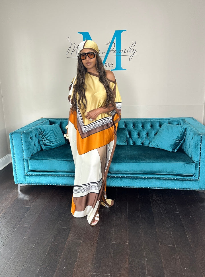 Vacation Vibes Kaftan Maxi Dress with Matching Scarf -  Tan Orange Brown Blend Ships 6/12