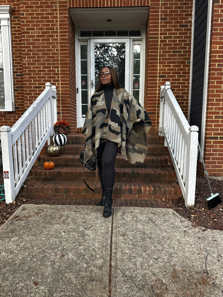 Camo Poncho Kimono Coat -  Olive Camo Print