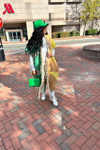 RESTOCKED Rich Auntie Mixed Print Winter Open Front Corded Kimono -Green Yellow and Tan Blend