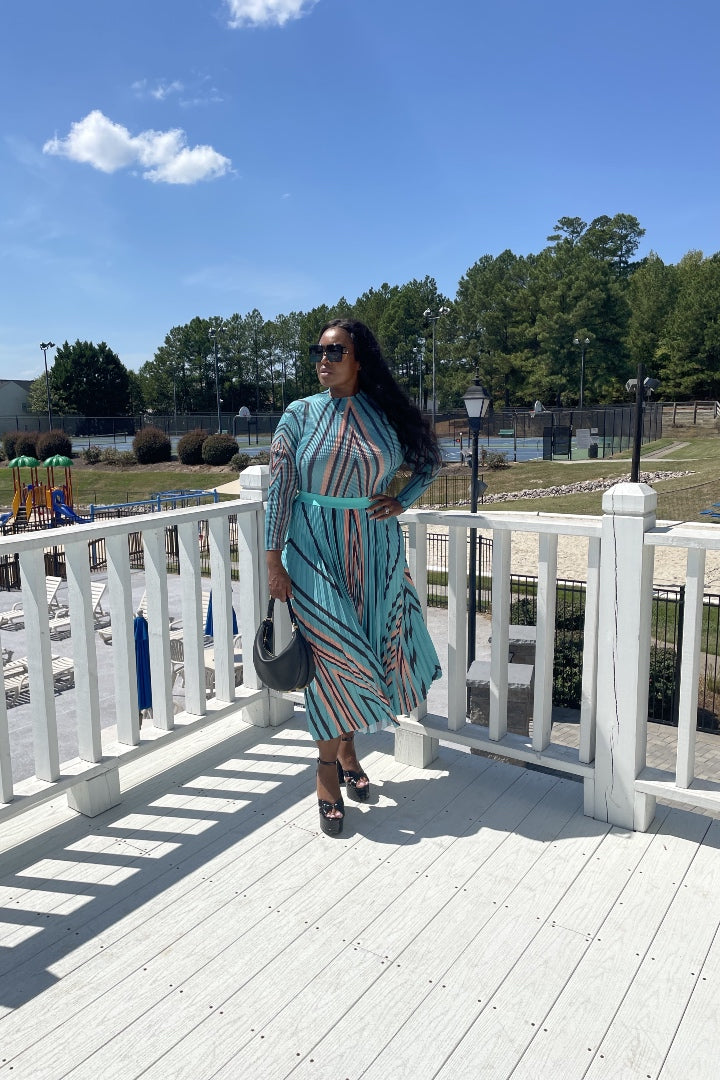 Classy and Fabulous  2 pc long sleeve pleated A line skirt set - Turquoise Black Orange Blend
