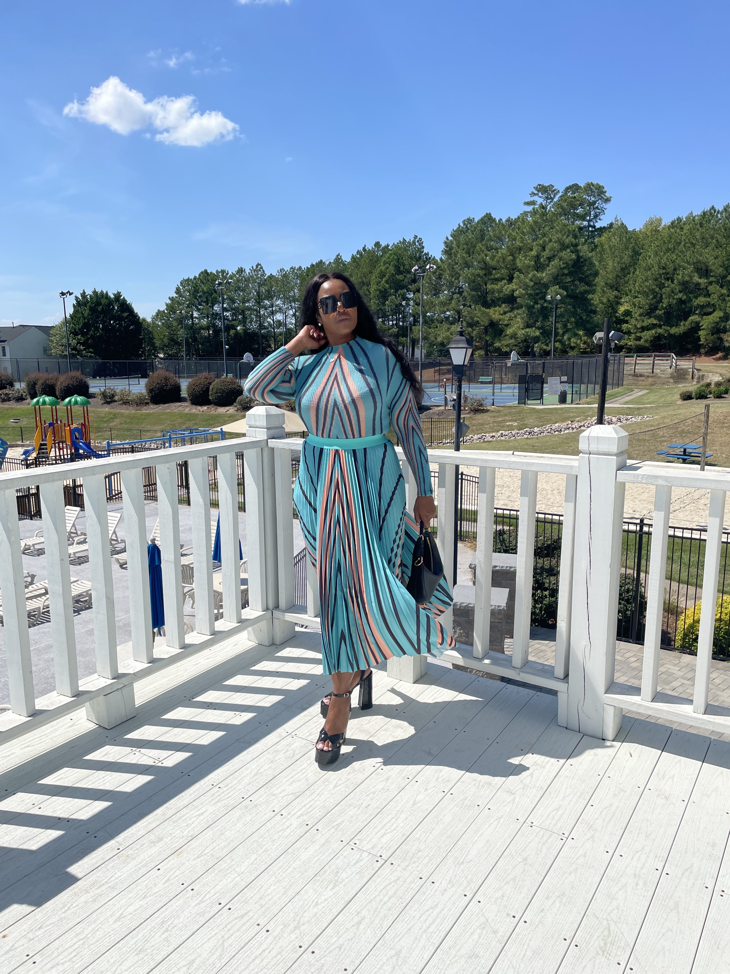 Classy and Fabulous  2 pc long sleeve pleated A line skirt set - Turquoise Black Orange Blend