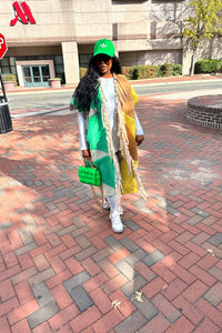 RESTOCKED Rich Auntie Mixed Print Winter Open Front Corded Kimono -Green Yellow and Tan Blend