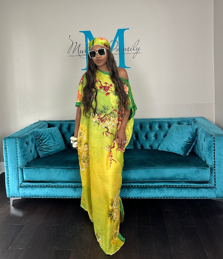 Vacation Vibes Kaftan Maxi Dress with Matching Scarf -  Green Gold Orange Blend Ships 6/12