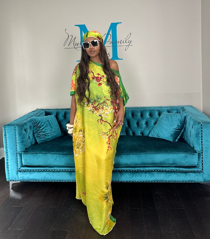 Vacation Vibes Kaftan Maxi Dress with Matching Scarf -  Green Gold Orange Blend Ships 6/12