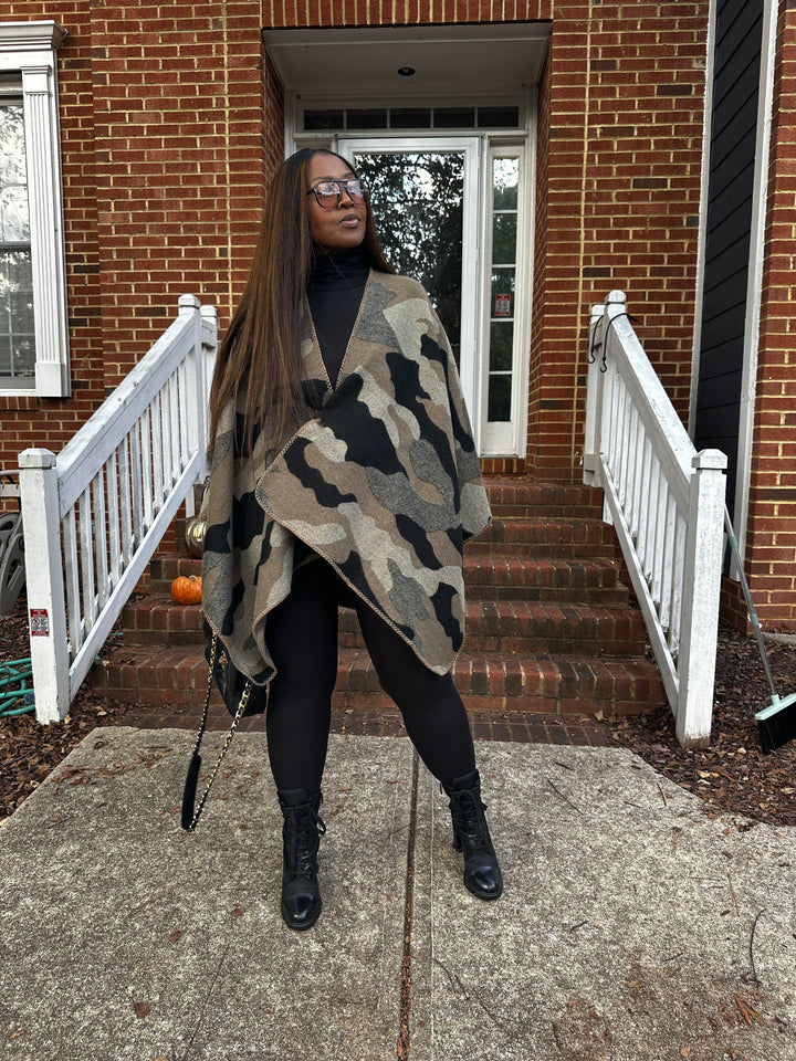 Camo Poncho Kimono Coat -  Olive Camo Print