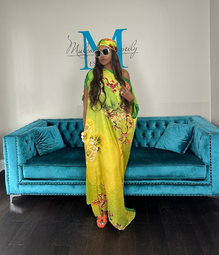 Vacation Vibes Kaftan Maxi Dress with Matching Scarf -  Green Gold Orange Blend Ships 6/12