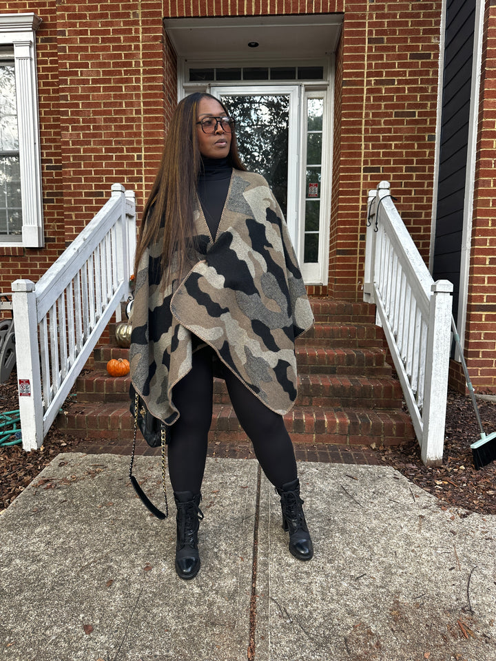 Camo Poncho Kimono Coat -  Olive Camo Print